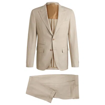 Hugo Boss Slim-fit Suit In Checked Linen, Wool And Silk In Brown