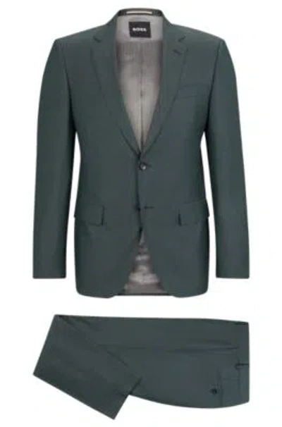 Hugo Boss Slim-fit Suit In Herringbone Virgin Wool In Dark Green