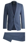 Hugo Boss Slim-fit Suit In Patterned Stretch Cloth In Dark Blue