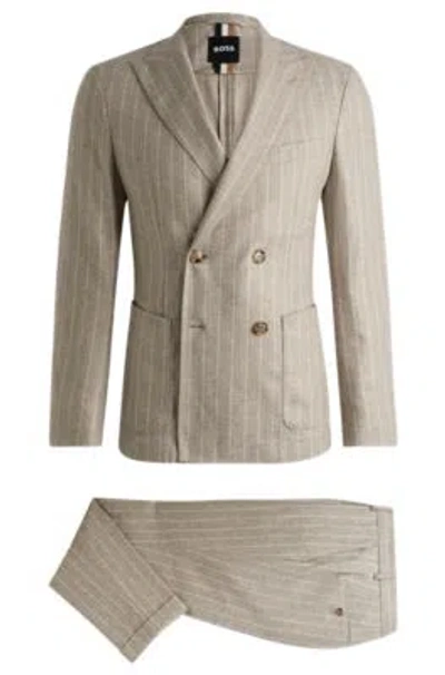 Hugo Boss Slim-fit Suit In Striped Wool In Light Beige