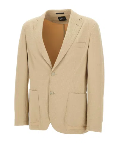 Hugo Boss Slim-fit Suit Jacket In Stretch Seersucker In Nude