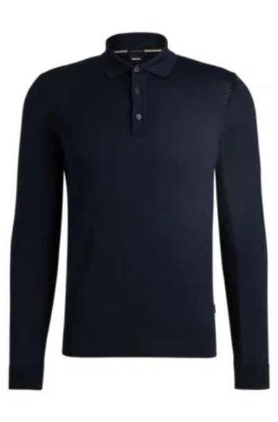 Hugo Boss Slim-fit Sweater In Wool With Polo Collar In Blue