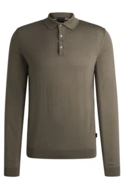 Hugo Boss Slim-fit Sweater In Wool With Polo Collar In Green