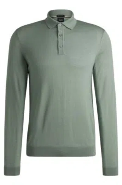 Hugo Boss Slim-fit Sweater In Wool With Polo Collar In Light Green