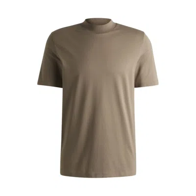Hugo Boss Slim-fit T-shirt In Stretch Cotton With Stand Collar In Brown