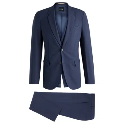 Hugo Boss Slim-fit Three-piece Suit In Checked Stretch Cloth In Blue