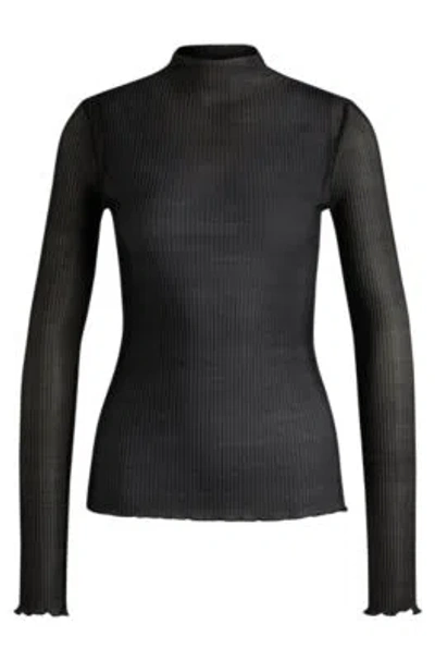 Hugo Boss Slim-fit Top In Printed Pliss Tulle In Black