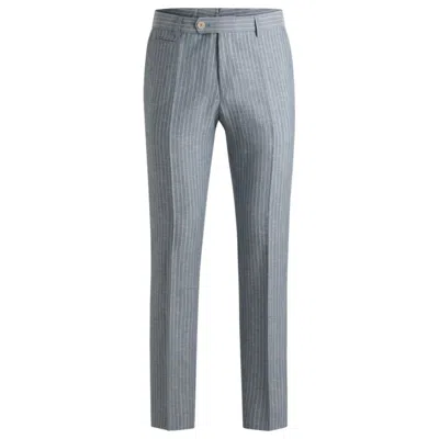 Hugo Boss Slim-fit Trousers In Striped Wool And Linen In Blue