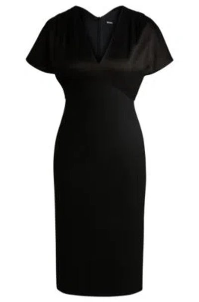 Hugo Boss Slim-fit V-neck Dress In Mixed Materials In Black