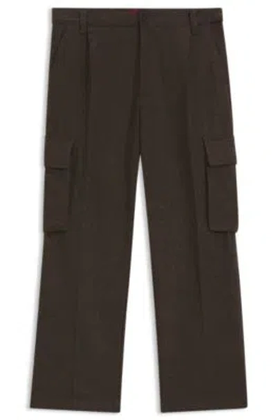 Hugo Boss Slim-fit Cargo Trousers In Herringbone Fabric In Brown