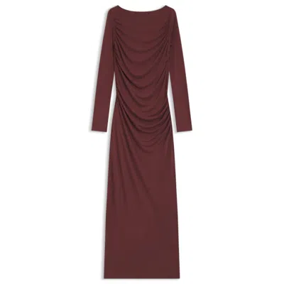 Hugo Boss Slim-fit Jersey Dress With Ruffle Detail In Burgundy