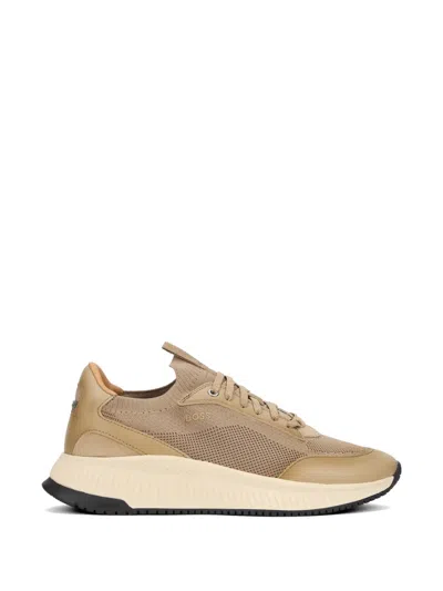 Hugo Boss Slon Mesh-upper Leather-trim Sneakers In Neutral