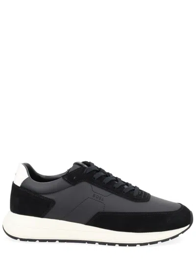 Hugo Boss Vinston Sneakers Round Toe Contrast Sole In Black