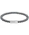 Hugo Boss Sphere Beads Stainless Steel Black Onyx Bracelet In Gray