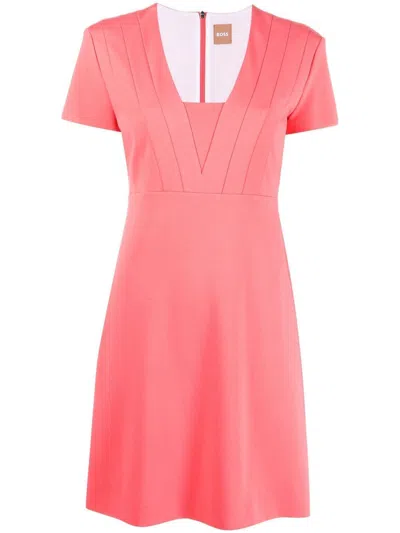 Hugo Boss Square Neck Salmon Short Dress In Pink