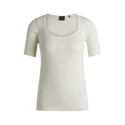 Hugo Boss Square-neck Short-sleeved Sweater In Ribbed Stretch Fabric In White