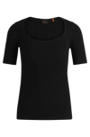 Hugo Boss Square-neck Short-sleeved Sweater In Ribbed Stretch Fabric In Black