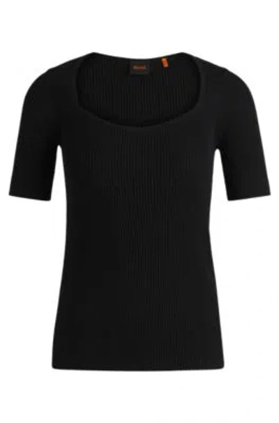 Hugo Boss Square-neck Short-sleeved Sweater In Ribbed Stretch Fabric In Black
