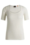 Hugo Boss Square-neck Short-sleeved Sweater In Ribbed Stretch Fabric In White