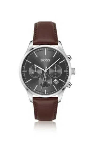 Hugo Boss Stainless-steel Chronograph Watch With Stitched Leather Strap Men's Watches In Assorted-pre-pack