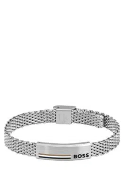 Hugo Boss Stainless-steel Mesh Cuff With Signature Plate Men's Jewellery In Assorted-pre-pack