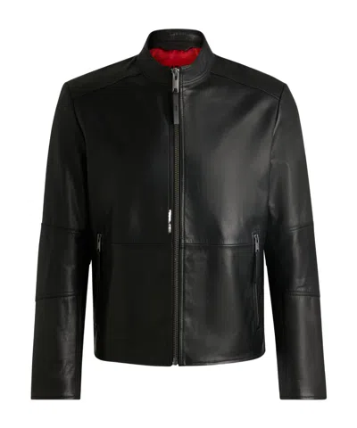 Hugo Boss Stand-collar Leather Jacket In Black