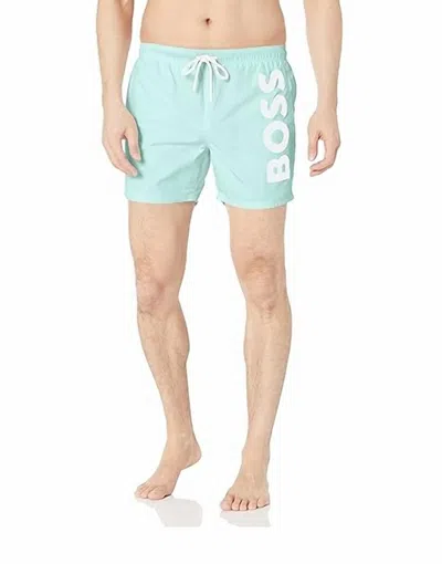 Hugo Boss Quick-drying Swim Shorts With Large Contrast Logo In Light Blue