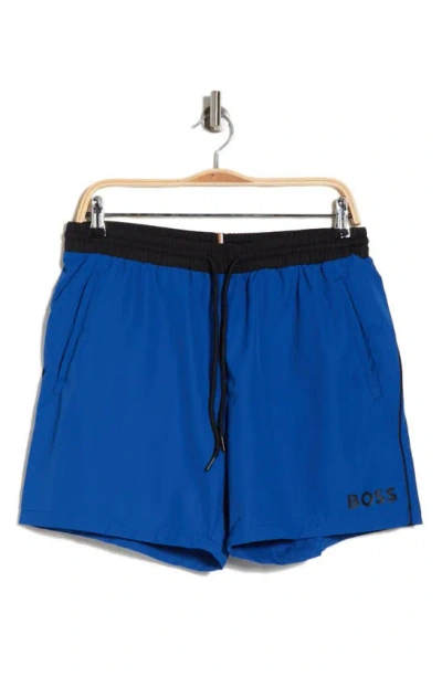 Hugo Boss Starfish Recycled Polyester Swim Trunks In Medium Blue