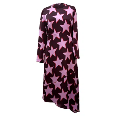 Pre-owned Hugo Boss Star-printed Asymmetric Midi Dress In Multicolor Satin In Pink