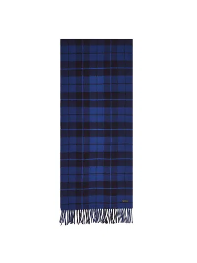 Hugo Boss Stellan Wool Scarf With Check And Twisted Fringes In Open Blue