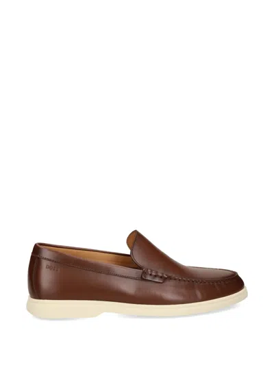 Hugo Boss Stitched Leather Loafers In Brown