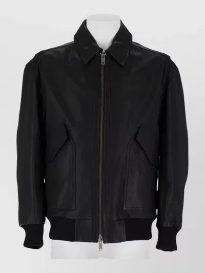 Hugo Boss Straight Coat Collared Neck Front Pockets Ribbed In Black