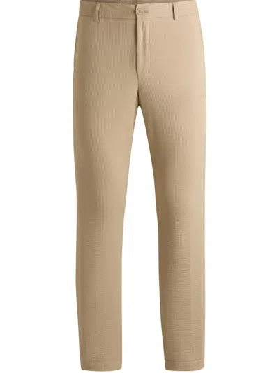 Hugo Boss Washable Formal Trousers In Stretch Seersucker Fabric In Beige