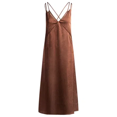 Hugo Boss Strappy Dress In Crinkle Satin In Brown