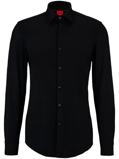 Hugo Boss Slim-fit Shirt In Stretch-cotton Satin With Piping In Black