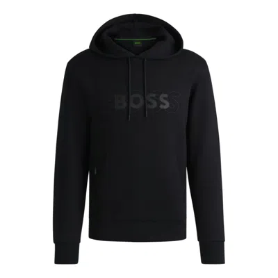 Hugo Boss Stretch-cotton Hoodie With Layered Logo In Black