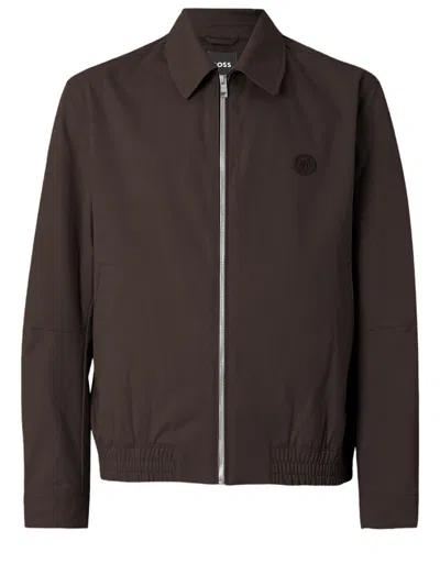Hugo Boss Stretch Cotton Jacket With Classic Collar In Brown