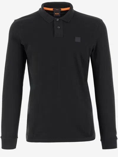 Hugo Boss Stretch Cotton Long Sleeve Polo Shirt In Black