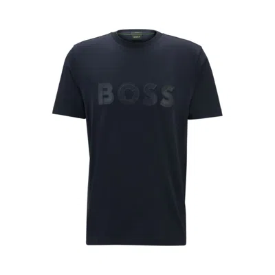 Hugo Boss Stretch-cotton Short-sleeved T-shirt With Logo Artwork In Blue