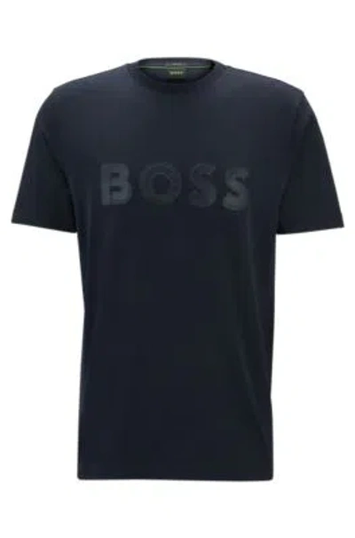 Hugo Boss Stretch-cotton Short-sleeved T-shirt With Logo Artwork In Dark Blue