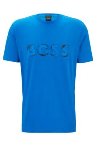 Hugo Boss Stretch-cotton Short-sleeved T-shirt With Logo Artwork In Light Blue
