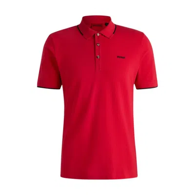 Hugo Boss Stretch-cotton Slim-fit Polo Shirt With Printed Logo In Red