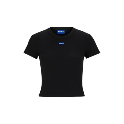 Hugo Boss Stretch-cotton Slim-fit T-shirt With Blue Logo Label In Black