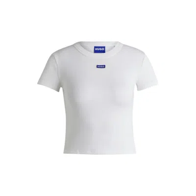 Hugo Boss Stretch-cotton Slim-fit T-shirt With Blue Logo Label In White