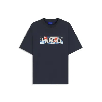 Hugo Boss Stretch-cotton T-shirt With Graphic Logo Print In Blue