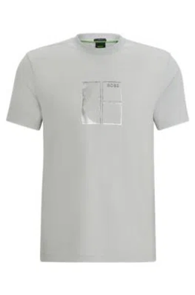 Hugo Boss Stretch-cotton T-shirt With Metallic Artwork In Light Grey