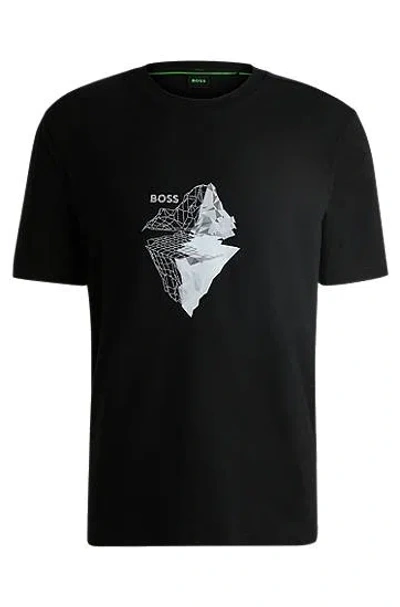Hugo Boss Stretch-cotton T-shirt With Printed And Embroidered Artwork In Black