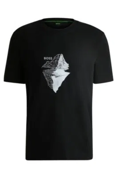 Hugo Boss Stretch-cotton T-shirt With Printed And Embroidered Artwork In Black 001