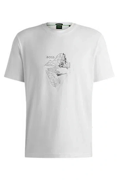 Hugo Boss Stretch-cotton T-shirt With Printed And Embroidered Artwork In White