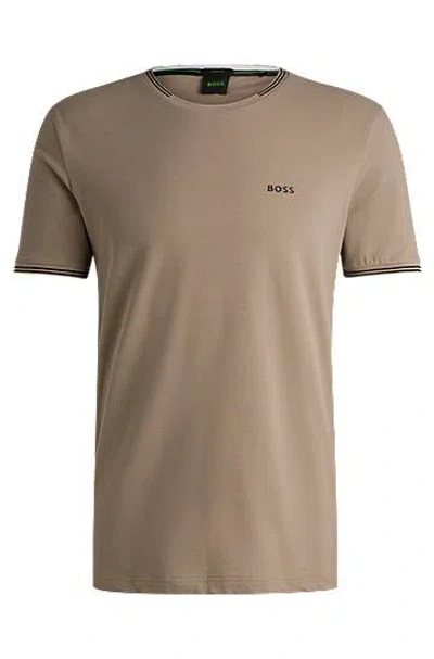 Hugo Boss Stretch-cotton T-shirt With Stripes And Logo In Brown